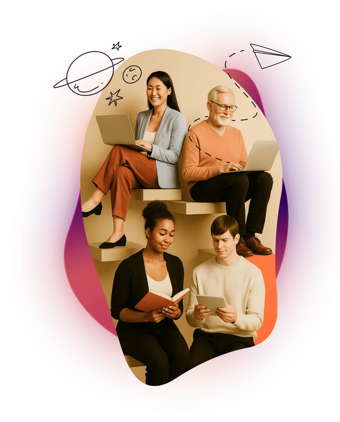 Photo collage of people completing tasks such as studying and sending emails